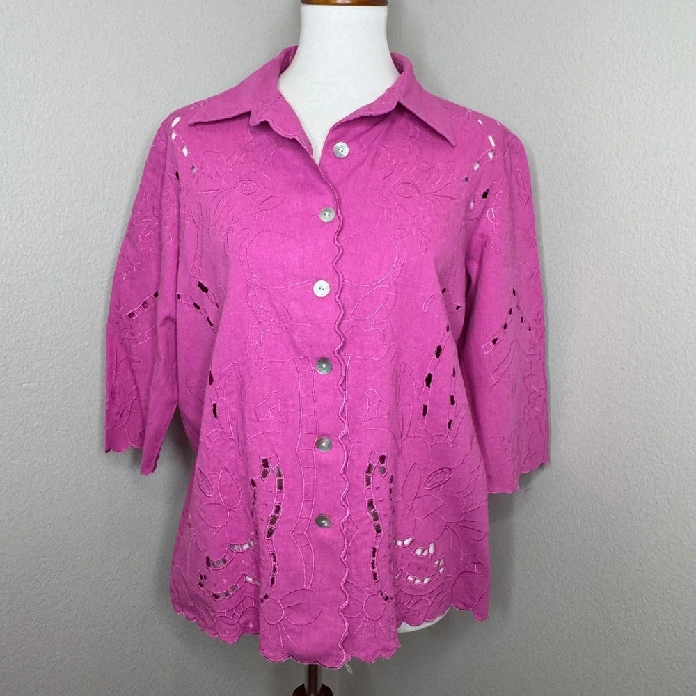 SUSAN GRAVER Cutout Embroidered Top &‎ Matching Tank Set MED Pink Linen Blend